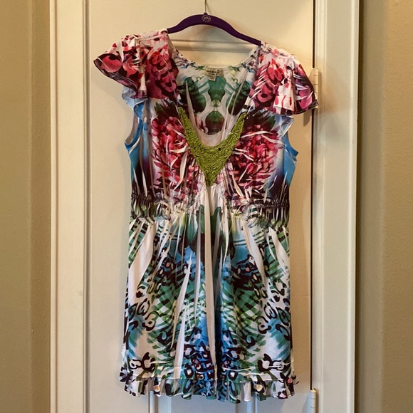 One World women’s long blouse, ruffled hem fitted bust flutter cap sleeves EUC - Picture 1 of 6